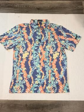 Bad Birdie Golf Polo Mens Large Blue Floral Tropical Performance Shirt Hawaiian
